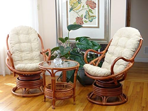 Java Swivel Rocking Chair Natural Rattan Wicker Handmade Colonial Set: 2 Lounge Arm Chairs with...