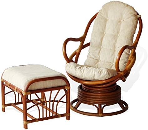 Java Swivel Rocking Rattan Wicker Chair Cream Cushion w/Ottoman, Colonial