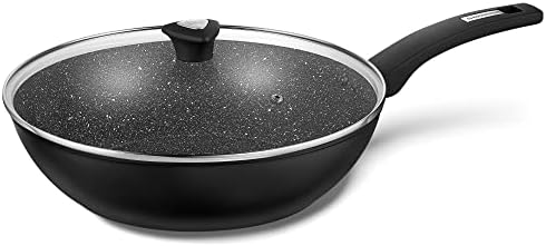 KOCH SYSTEME CS 12'' Black Wok with Lid, Ultra Non Stick Frying Pan with Glass Cover, Marble Coating...