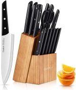 Knife Set with Block, Cookit 15 Pieces Kitchen Knife Set with Pine Block Holder, Knife Block Set...