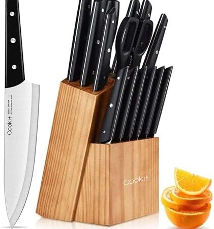 Knife Set with Block, Cookit 15 Pieces Kitchen Knife Set with Pine Block Holder, Knife Block Set...