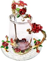 LANTREE Fancy Glass Tea Cup with Lid Saucer Spoon Flower Coffee Mug Unique Christmas Gift Birthday...