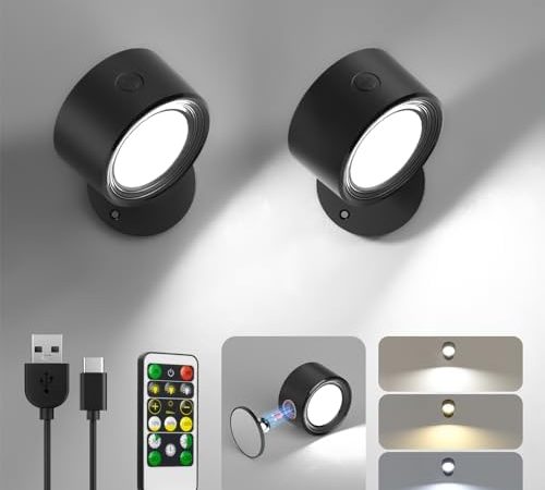 LED Wall Mounted Lights 2 Pcs with Remote, Sconces Lamp 3000mAh Rechargeable Battery Operated, 3...