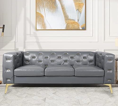 LEVNARY Modern Chesterfield Sofa Leather, Tufted Upholstered 3 Seater PU Couch, 84 Inches Settee...