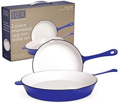 LEX 8" & 12" Enameled Cast Iron 2 Piece Skillet Set with White Inside, Professional Commercial Chef...