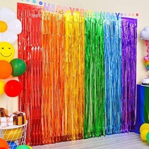 LOLStar Rainbow Foil Fringe Curtains, 2 Pack Rainbow Party Decorations 3.3x6.6ft Tinsel Metallic...