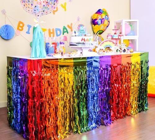 LOLStar Rainbow Party Decorations, 2 Pack Wavy Metallic Tinsel Foil Fringe Table Skirts, Perfect...