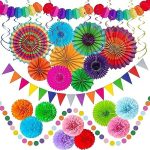 LRCXL Fiesta Party Decorations - 33pcs Colorful Hanging Paper Fans, Paper Pom Poms, Pennant, Garland...