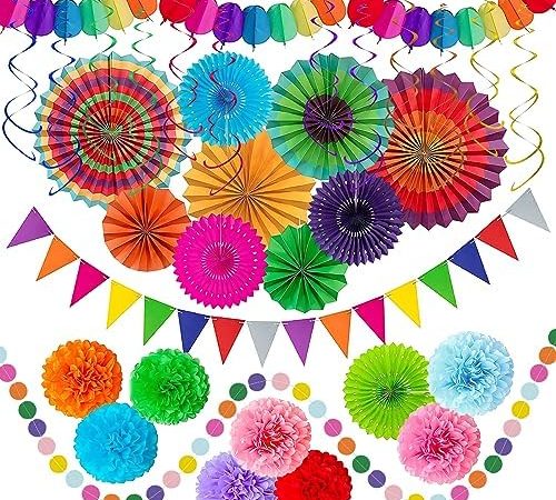 LRCXL Fiesta Party Decorations - 33pcs Colorful Hanging Paper Fans, Paper Pom Poms, Pennant, Garland...