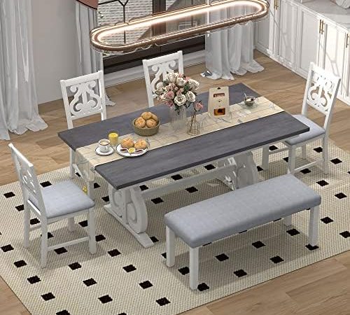 LUMISOL Farmhouse Rustic Kitchen Dining Room Table Set of 6 with Bench and Chairs, 6 Piece Dining...
