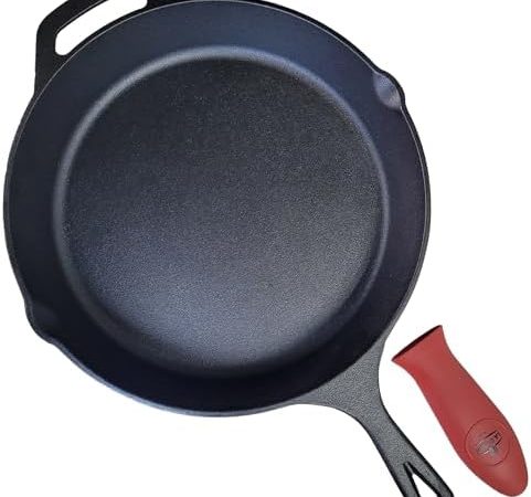 La Cuisine 12 Inch Cast Iron Skillet Frying Pan with Matte Black Enamel Coating Silicone Thermal...