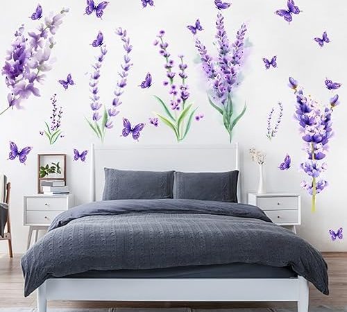 Lavender Flower Vine Wall Decals Colorful Butterfly Window Wall Murals, Floral Wisteria Sticker...