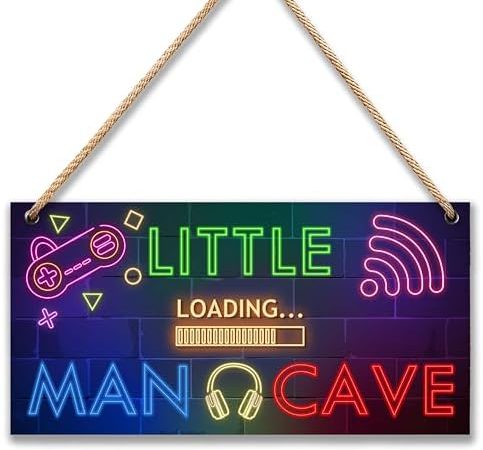 Little Man Cave, Neon Gaming Wooden Door Sign for Gamer Room Decor, Boys Decorations for Men...
