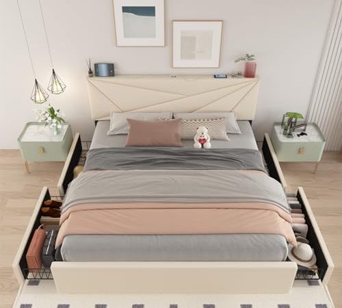 LoVinson Queen Bed Frame with 4 Storage Drawers and Charging Station, Upholstered Bed Frame Platform...