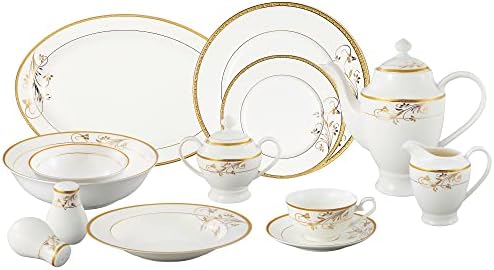 Lorren Home Trends La Luna Bone China 57-Piece 24K Gold Floral Design Dinnerware Set, Service for 8