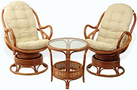 Lounge Set of 2 Swivel Rocking Java Chair Natural Rattan Wicker Handmade with Cream Cushion and...