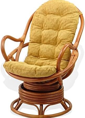 Lounge Swivel Rocking Java Chair Natural Rattan Wicker with Light Brown Cushion, Cognac