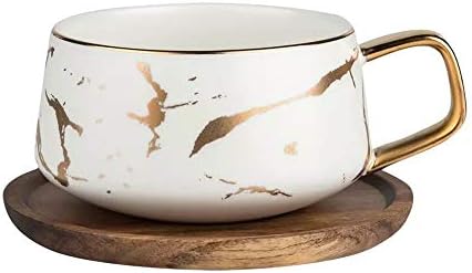 Luxury Gold Inlay 10.5 Oz Matte Ceramic Marble Tea Latte Coffee Cups with Wood Saucers (White, Cup &...