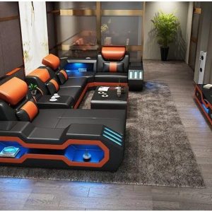 Luxury Italian Leather U-Shaped Sofa with Bluetooth Speaker, USB, LED Light + Matching Coffee Table...