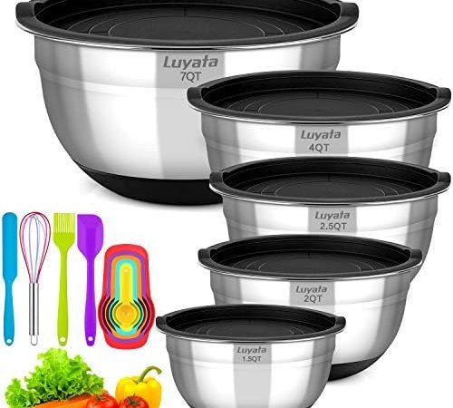 Luyata Mixing Bowls With Airtight Lids, 15PCS Stainless Steel Metal Nesting Mixing Bowl Set - Size...