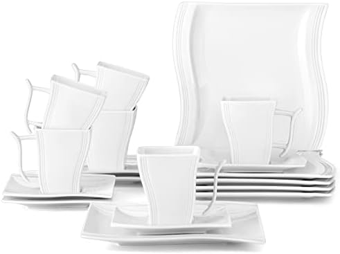 MALACASA Square Dinnerware Set, 18-Piece Ivory White Espresso Cups with Saucers, Porcelain Coffee...