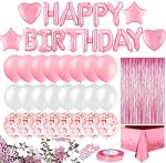MOVINPE Pink Birthday Party Decoration, Happy Birthday Banner, Rose Gold Fringe Curtain, Foil...
