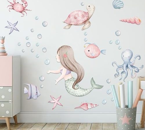 MUWEOL Under The Sea Mermaid Wall Decals - Ocean Fish Turtle Wall Stickers Bathroom Girls Bedroom...