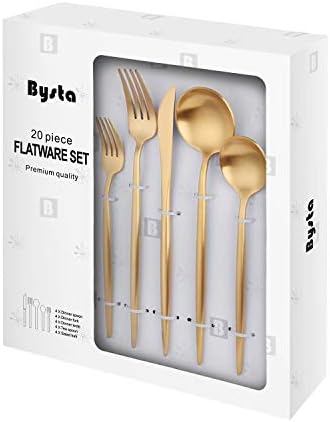 Matte Gold Silverware Set, Bysta 20-piece Stainless Steel Flatware Set Cutlery Set Service For 4,...