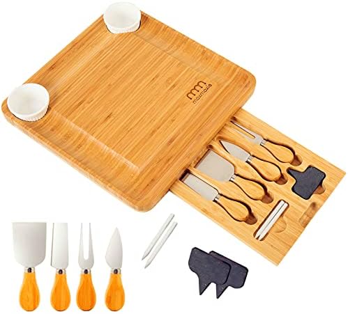 MaxMoxie Bamboo Cheese Board and Cutlery Set, Wooden Kitchen Charcuterie Board, Cheese Tray Serving...