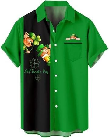 Mens 2024 St Patricks Day Shirts Irish Green Day Clover Printed Short Sleeve Button up Shirt Casual...