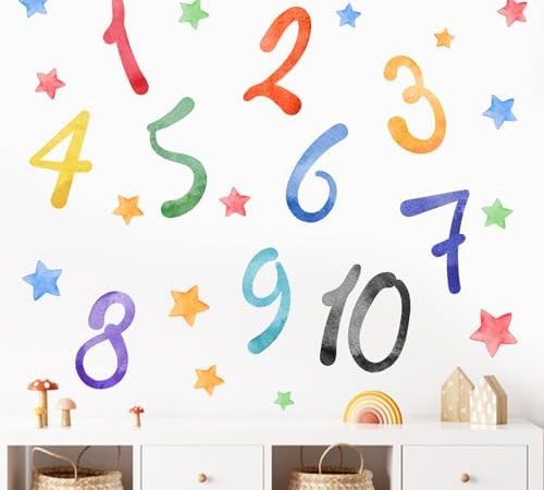 Mfault Watercolor Arabic Numbers 1-10 Learning Wall Decals Stickers, Educational Counting Stars...