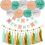 Mint Peach Birthday Party Decorations, Happy Birthday Decoration Set with Birthday Banner Pom Poms...