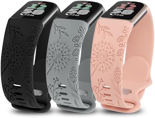 Minyee 3 Packs Floral Engraved Band Compatible with Fitbit Charge 6 Bands/Fitbit Charge 5 Bands...