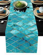 Modern Cotton Linen Table Runner 13x90in Long, Turquoise Marble Lattice Farmhouse Burlap Decorative...