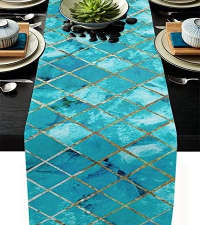 Modern Cotton Linen Table Runner 13x90in Long, Turquoise Marble Lattice Farmhouse Burlap Decorative...