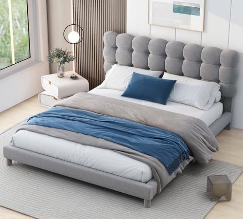 Modern Design Full Size Upholstered Platform Bed with Streamlined Silhouette Headboard,Wood Bed...