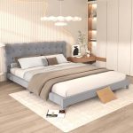 Modern Design Queen Size Upholstered Platform Bed with Streamlined Silhouette Headboard,Wood Bed...