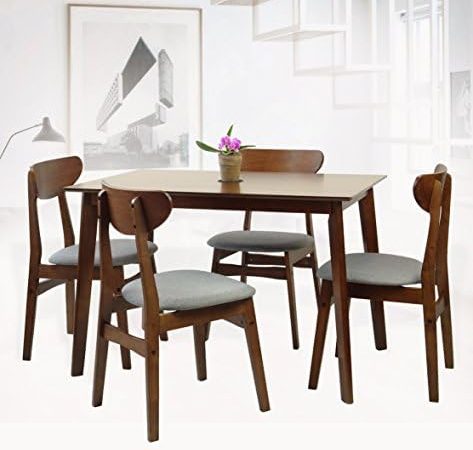 Modern Set of 5 Dining Kitchen Rectangular Table and 4 Yumiko Side Chairs Solid Wood w/Padded Seat...