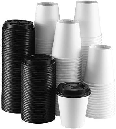 NYHI 10 oz. White Paper Disposable Cups With Black Lids - Hot/Cold Beverage Drinking Cup for Water,...