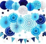 Navy Blue Party Decoration,23Pcs Hanging Paper Fans,Pom Poms Flowers,Garland String Polka Dot and...