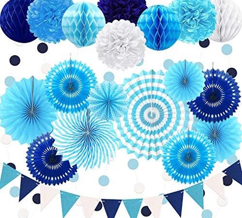 Navy Blue Party Decoration,23Pcs Hanging Paper Fans,Pom Poms Flowers,Garland String Polka Dot and...