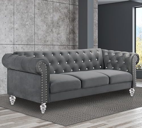 New Classic Furniture Glam Emma Velvet Three Seater Chesterfield Style Sofa for Small Spaces with...