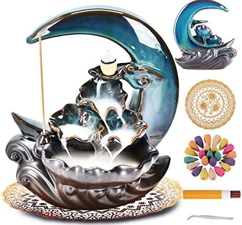 New Moon Backflow Incense Holder, Ceramic Hand-Made Incense Fountain Burner with 100 Backflow...