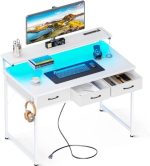 ODK 40 Inch Small Computer Desk with 3 Drawers and USB Power Outlets, Home Office Desks with LED...