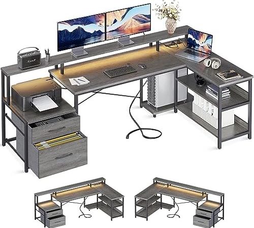 ODK L Shaped Desk with File Drawer, 75" Reversible L Shaped Computer Desk with Power Outlet & LED...