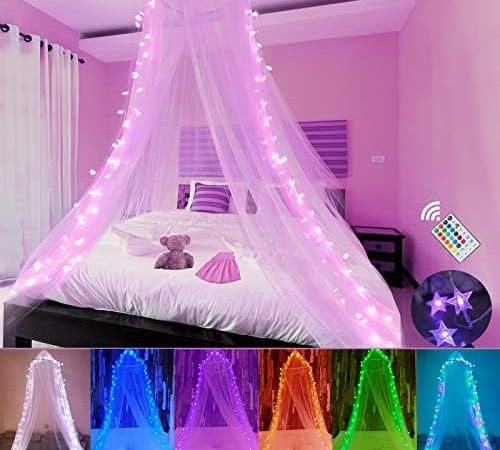 Obrecis Bed Canopy with LED Star Lights, Princess Canopy Bed Curtain with 18 Colors Changing String...