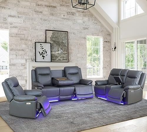 Ocstta Power Leather Recliner Sofa Set with LED Lights,Living Room Furniture Set, Leather Sofa Set...