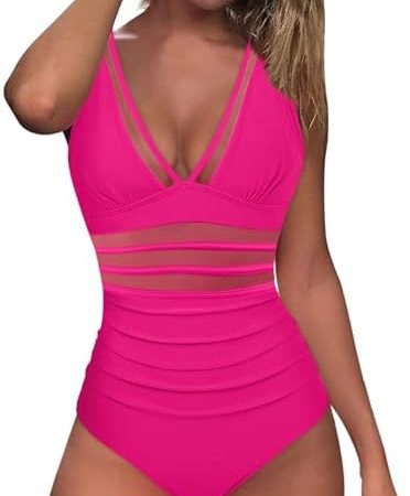 One Piece Swimsuit Women Sexy Mesh Tummy Control Bathing Suit Deep V-Neck Cut Out Casual Splicing...
