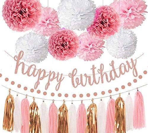 OuMuaMua Pink Rose Gold Birthday Party Decorations Set, Rose Gold Glittery Happy Birthday banner,...