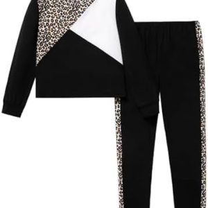 PATPAT Girls 2 Piece Outfits Leopard Color Block Tee Crew Neck Top Black Legging Girl Sweatpants...